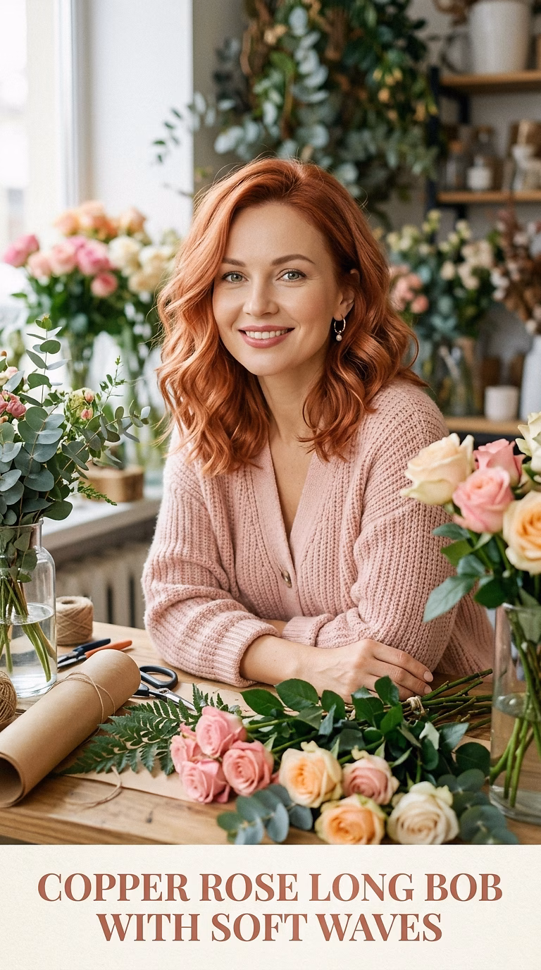 Copper Rose Long Bob With Soft Waves
