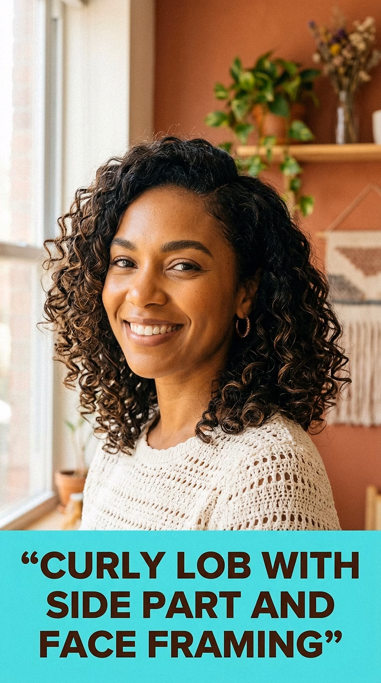 Curly Lob With Side Part And Face Framing