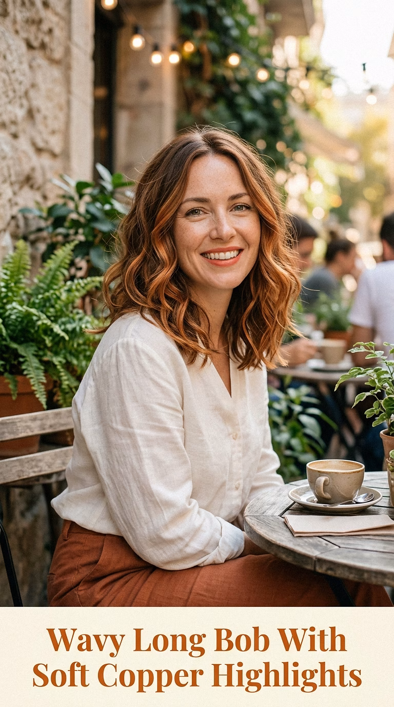 Wavy Long Bob With Soft Copper Highlights