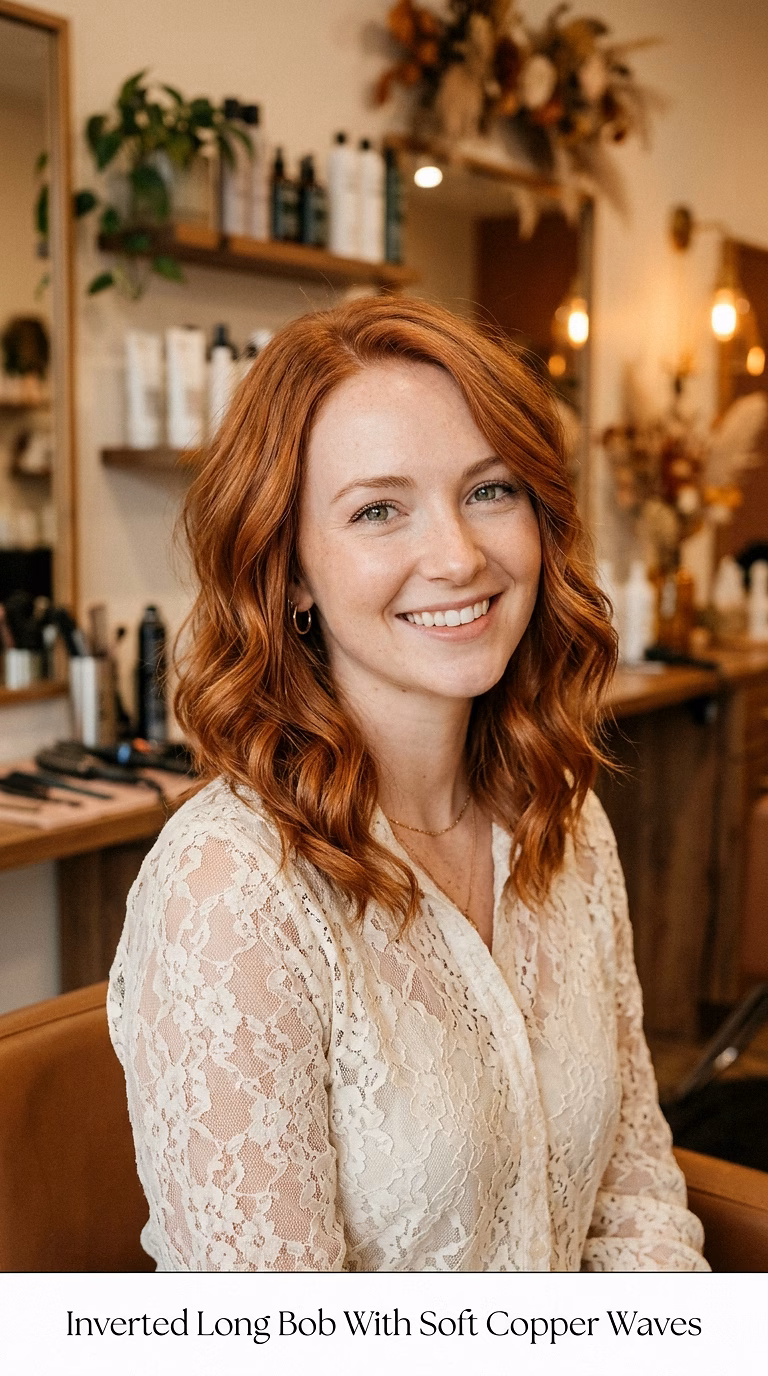 Inverted Long Bob With Soft Copper Waves