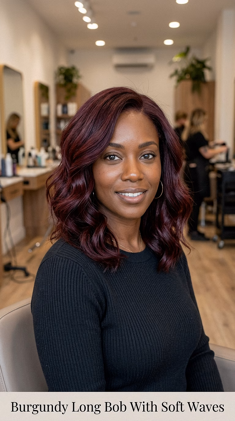 Burgundy Long Bob With Soft Waves