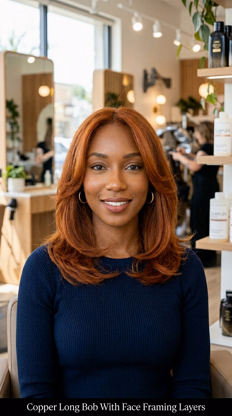 Copper Long Bob With Face Framing Layers