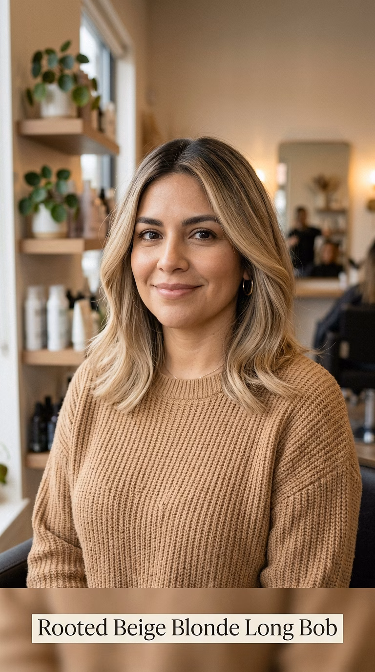 Rooted Beige Blonde Long Bob