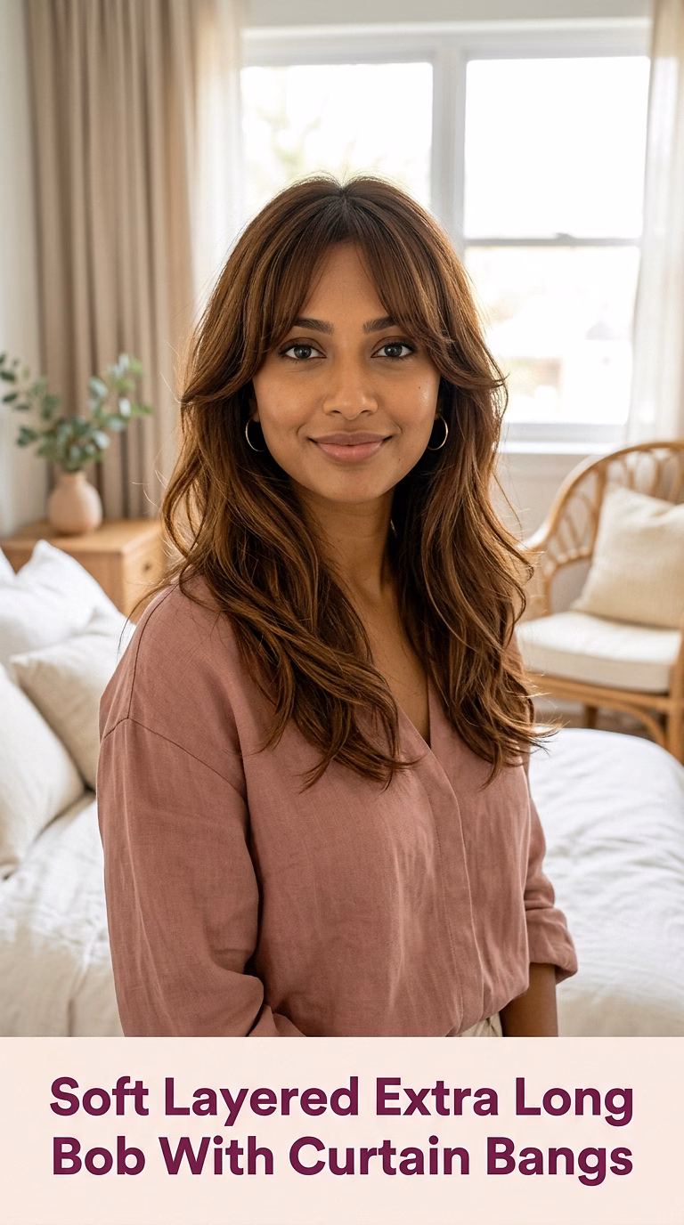 Soft Layered Extra Long Bob With Curtain Bangs