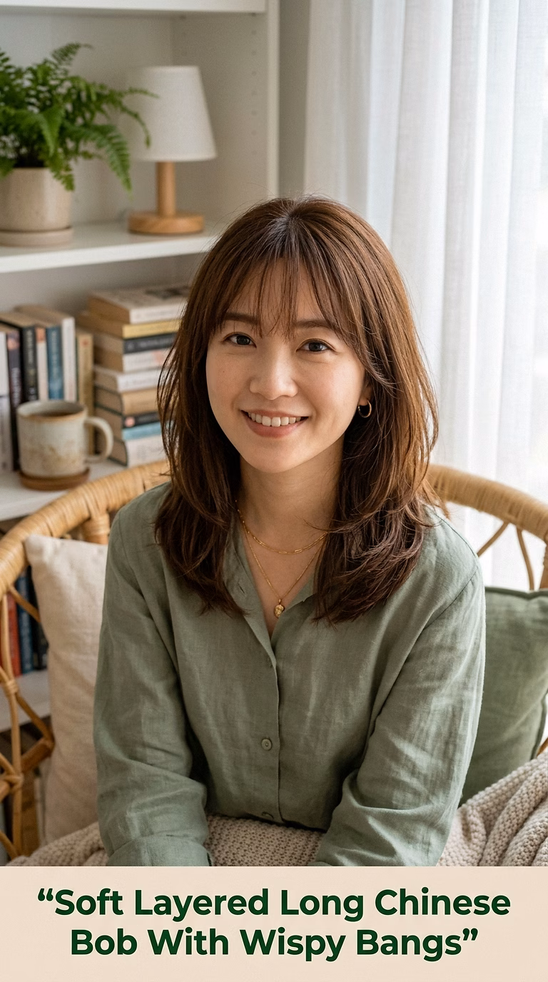 Soft Layered Long Chinese Bob With Wispy Bangs