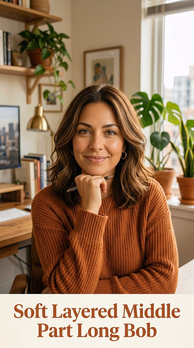 Soft Layered Middle Part Long Bob