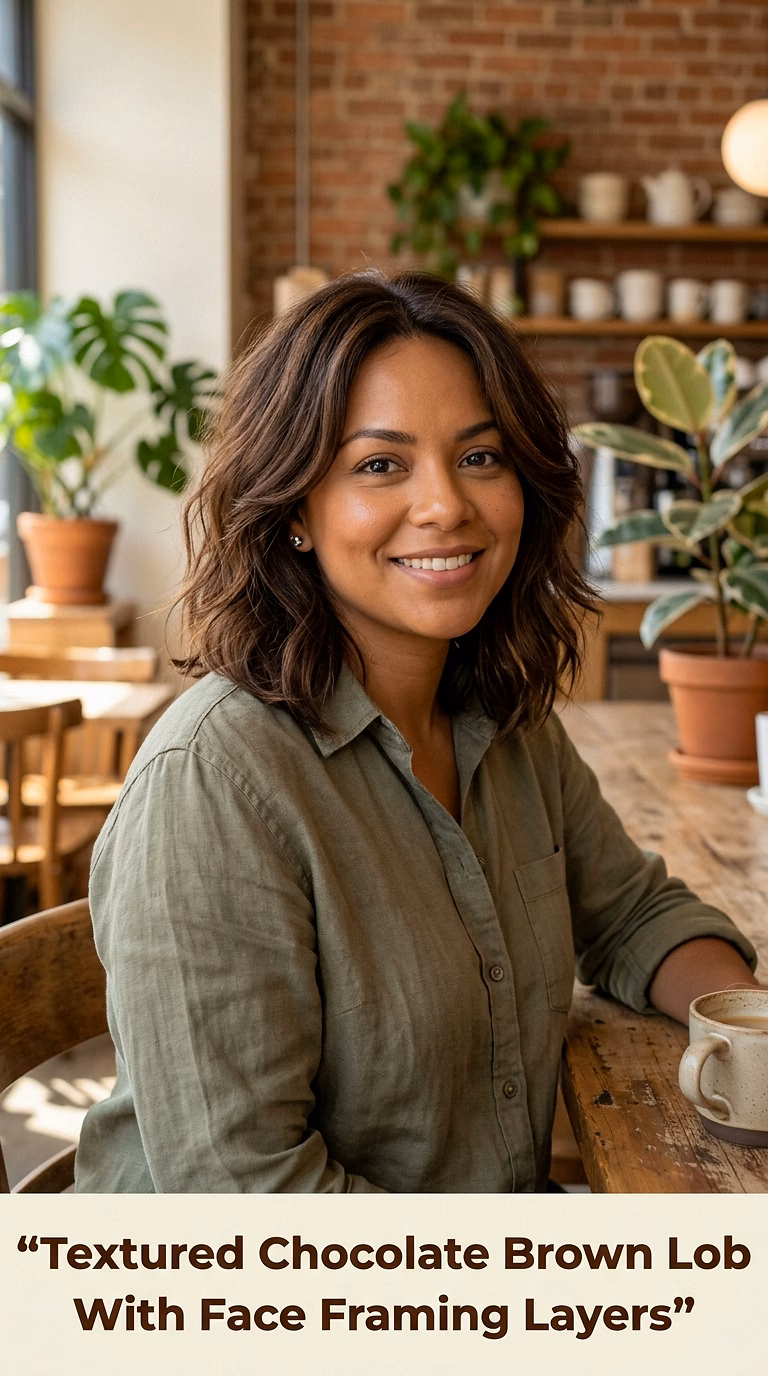 Textured Chocolate Brown Lob With Face Framing Layers