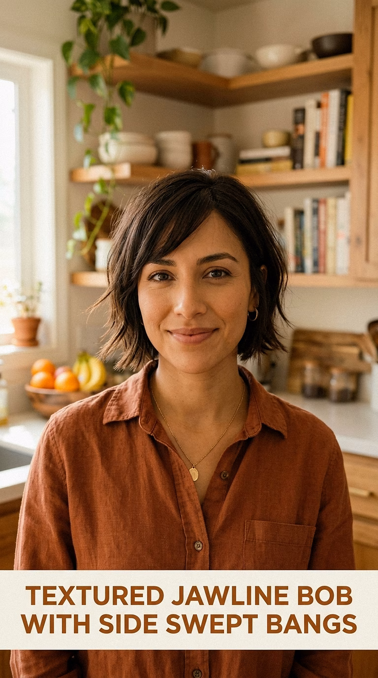 Textured Jawline Bob With Side Swept Bangs