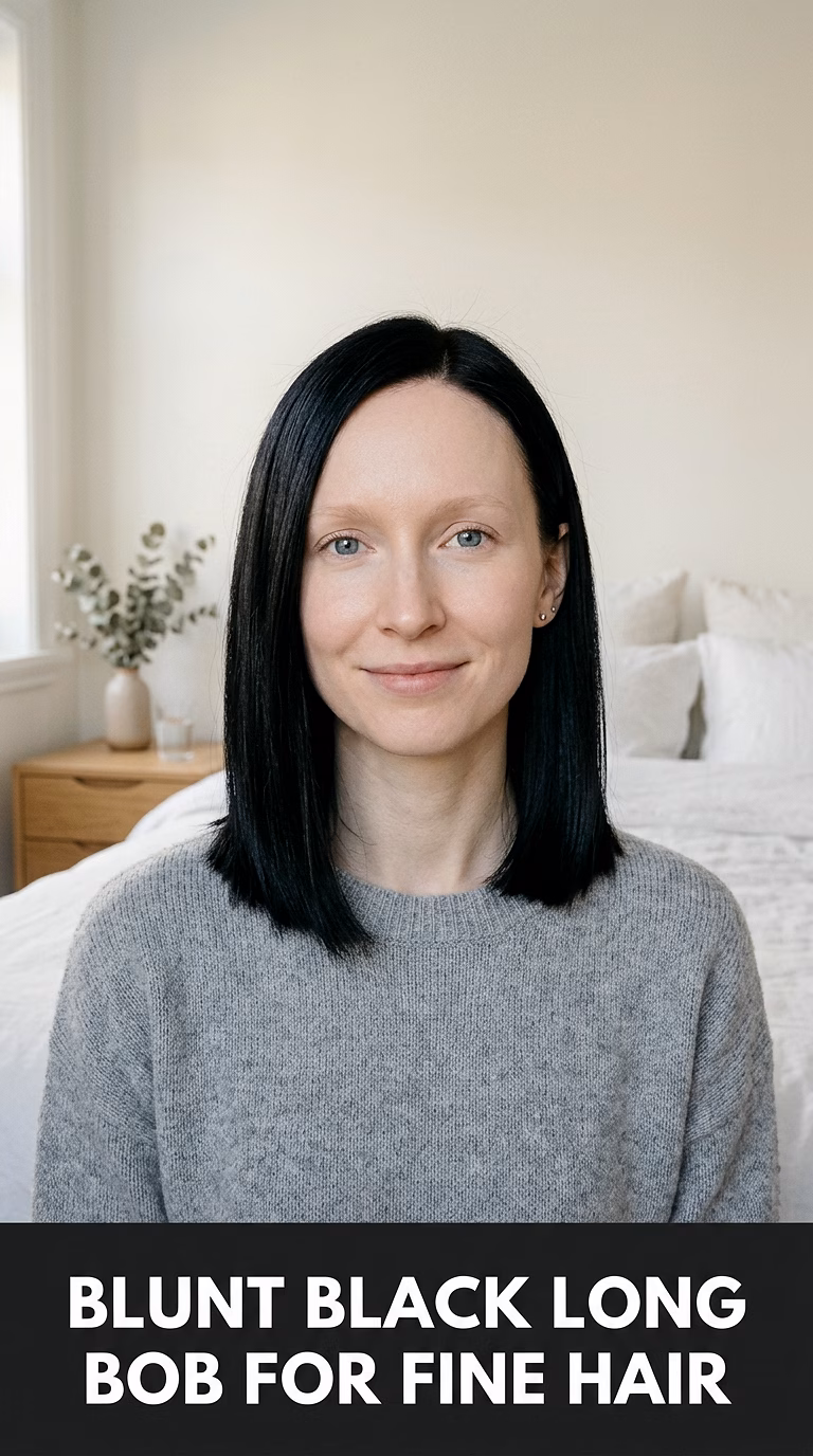 Blunt Black Long Bob For Fine Hair