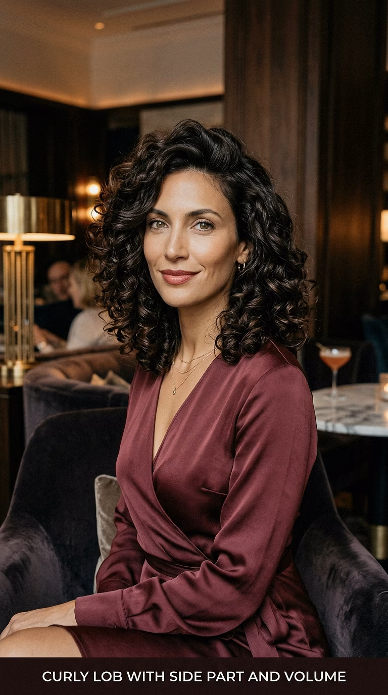 Curly Lob With Side Part And Volume