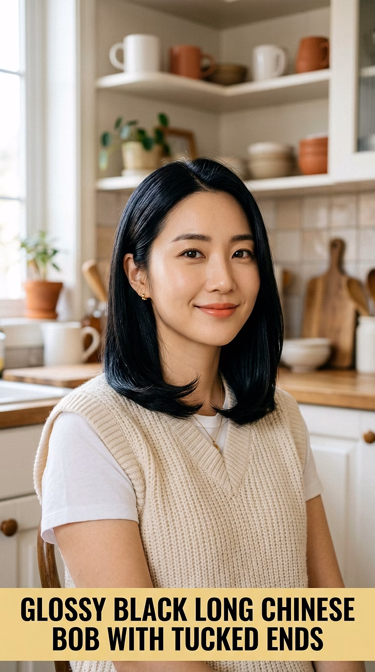 Glossy Black Long Chinese Bob With Tucked Ends