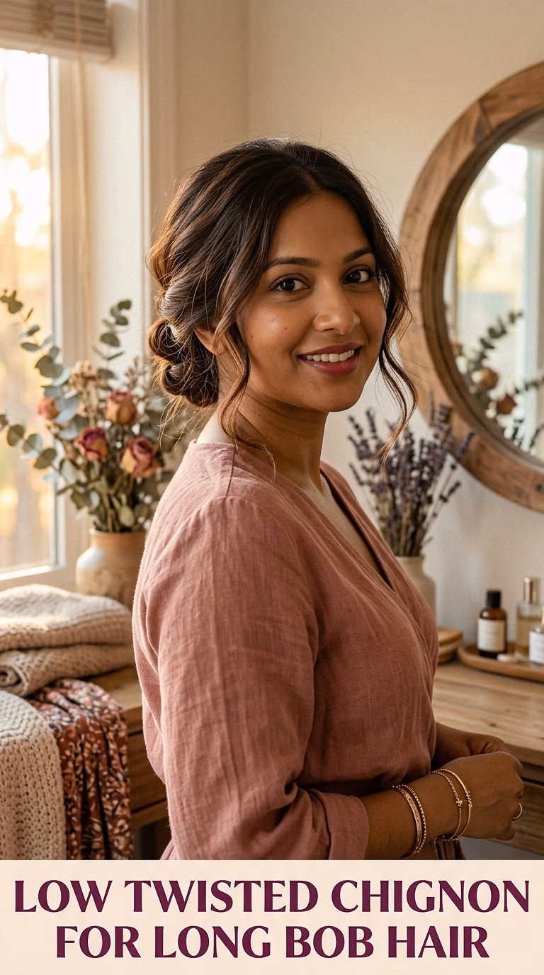 Low Twisted Chignon For Long Bob Hair
