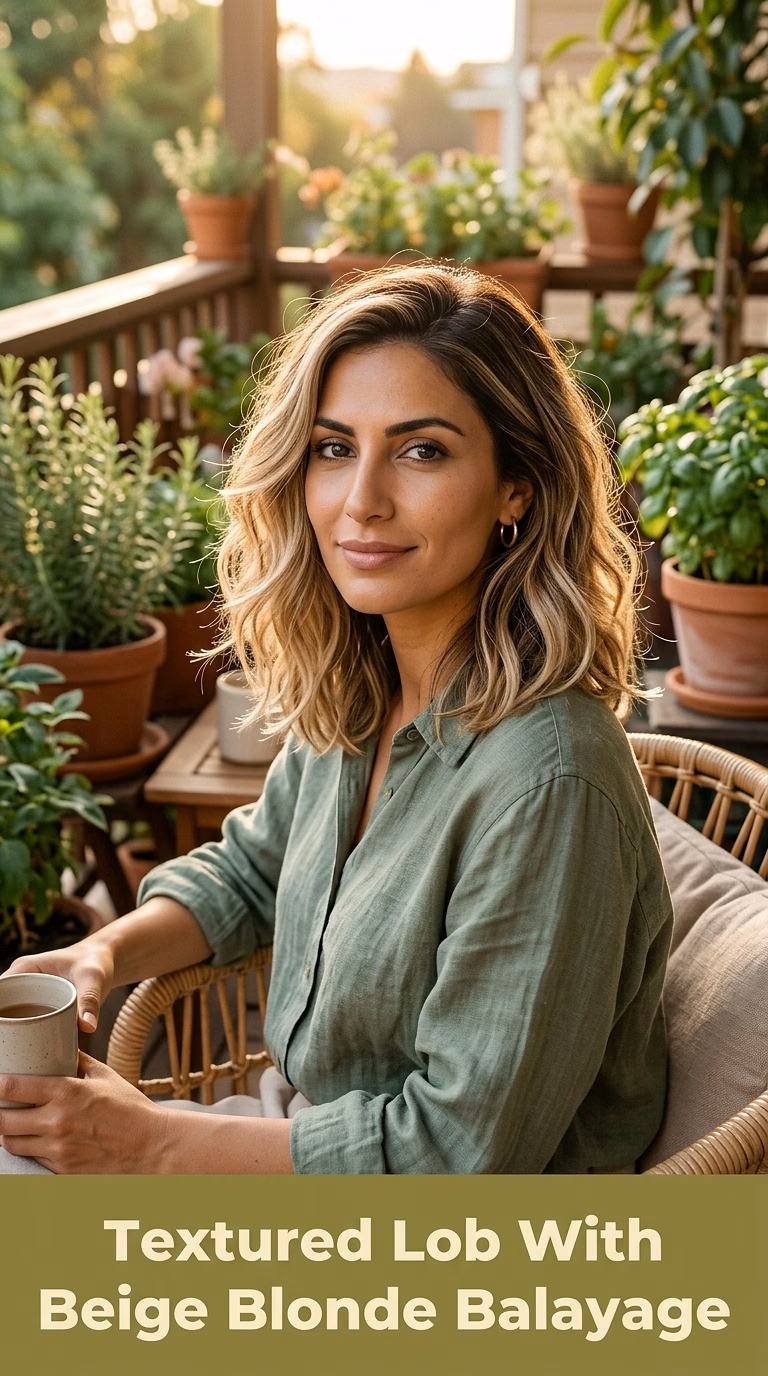 Textured Lob With Beige Blonde Balayage