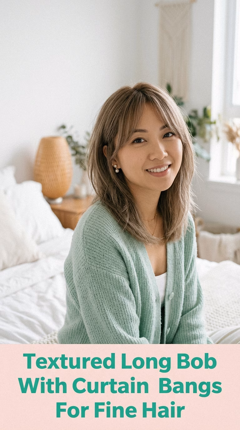 Textured Long Bob With Curtain Bangs For Fine Hair