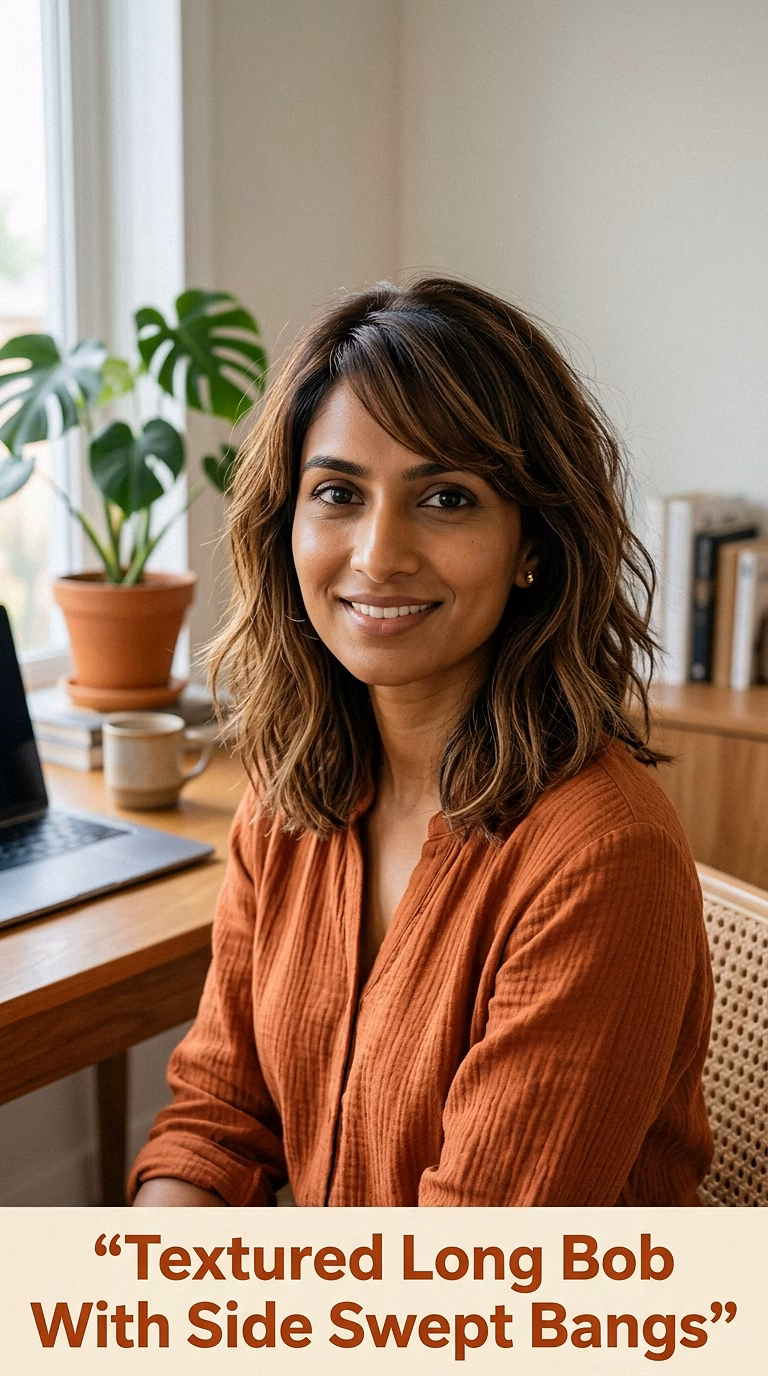 Textured Long Bob With Side Swept Bangs