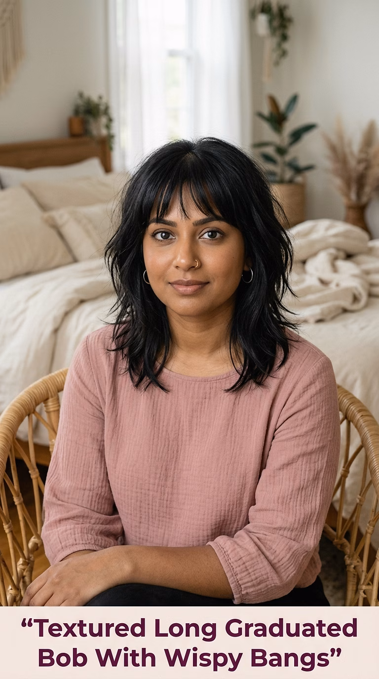 Textured Long Graduated Bob With Wispy Bangs