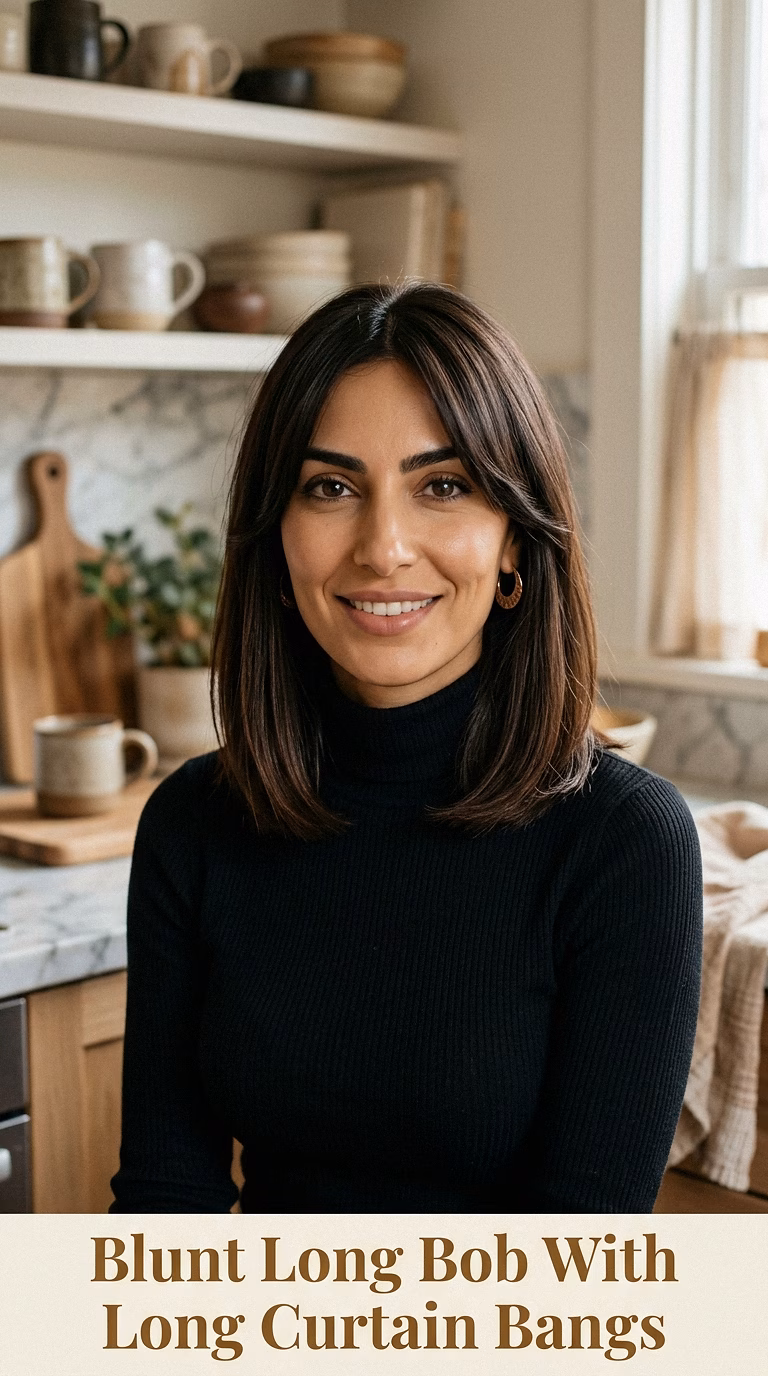 Blunt Long Bob With Long Curtain Bangs