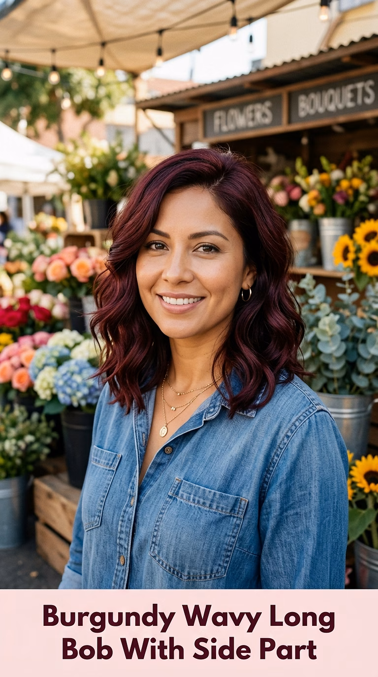 Burgundy Wavy Long Bob With Side Part