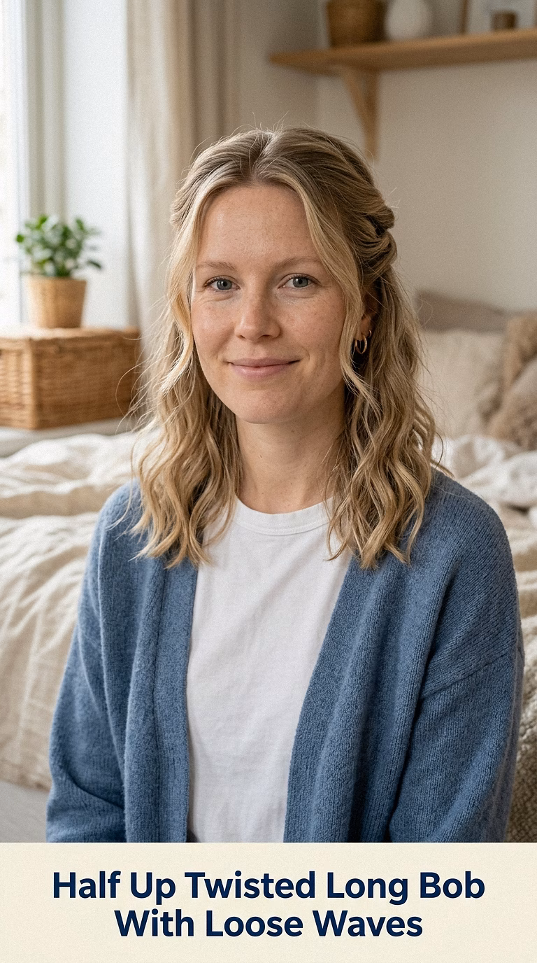 Half Up Twisted Long Bob With Loose Waves
