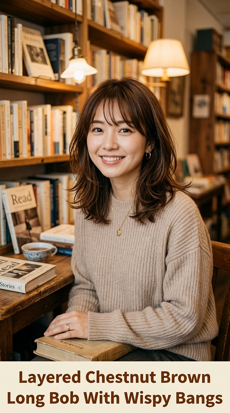 Layered Chestnut Brown Long Bob With Wispy Bangs