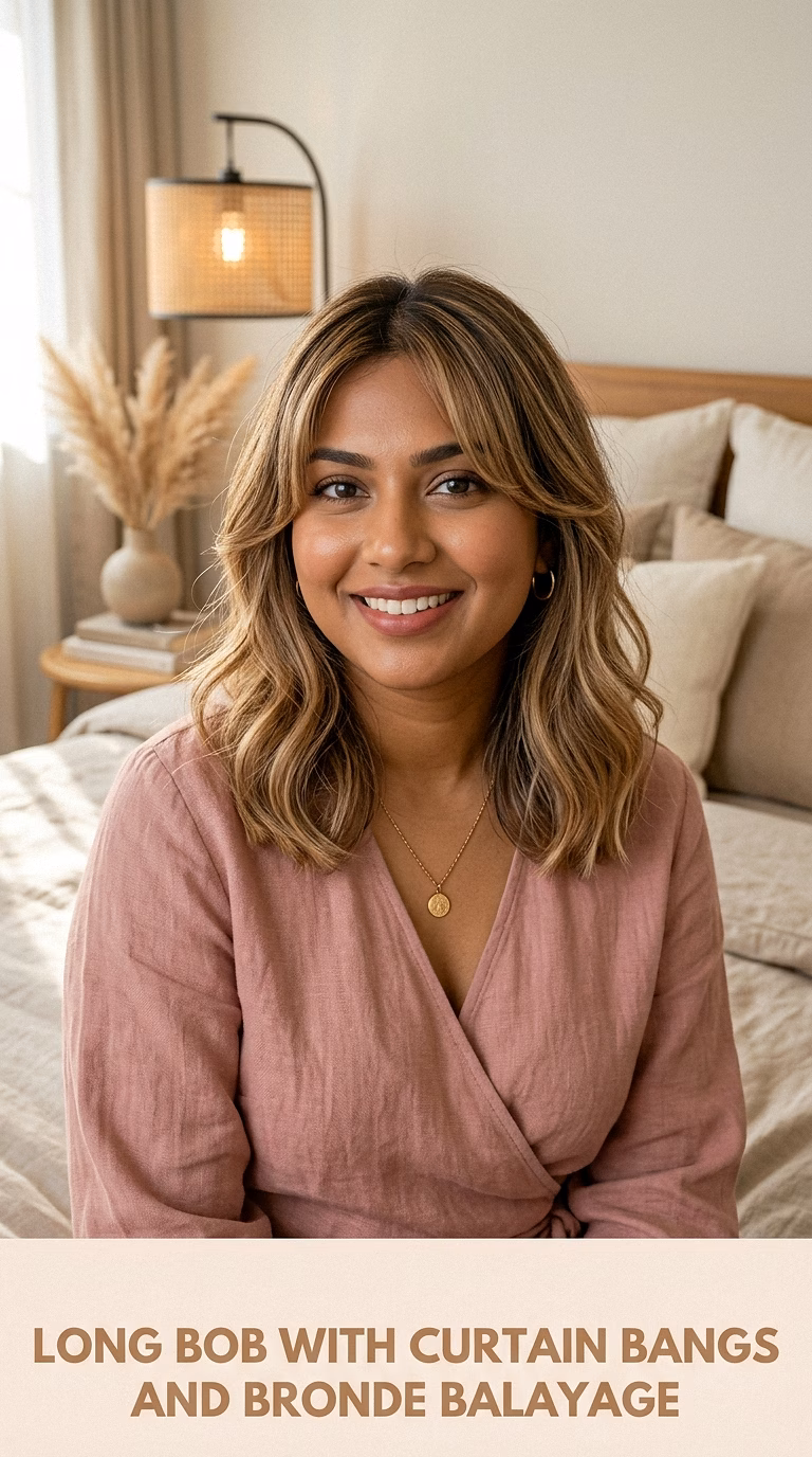 Long Bob With Curtain Bangs And Bronde Balayage