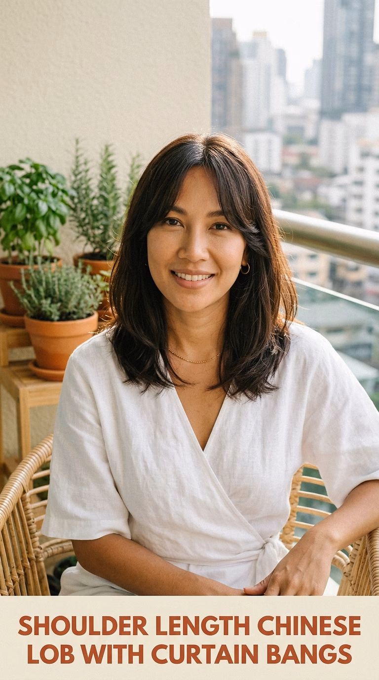 Shoulder Length Chinese Lob With Curtain Bangs