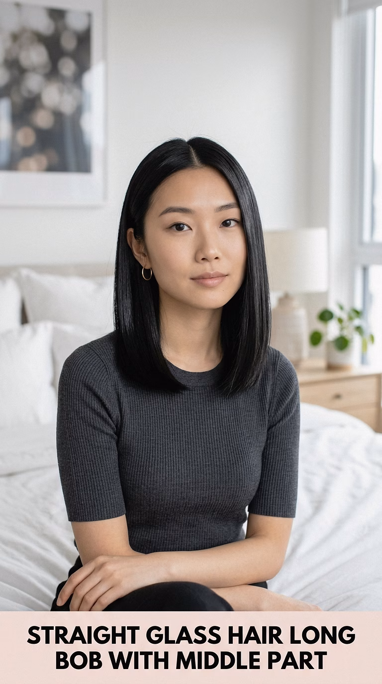 Straight Glass Hair Long Bob With Middle Part