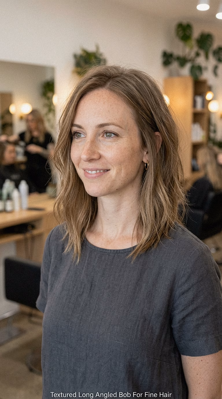 Textured Long Angled Bob For Fine Hair