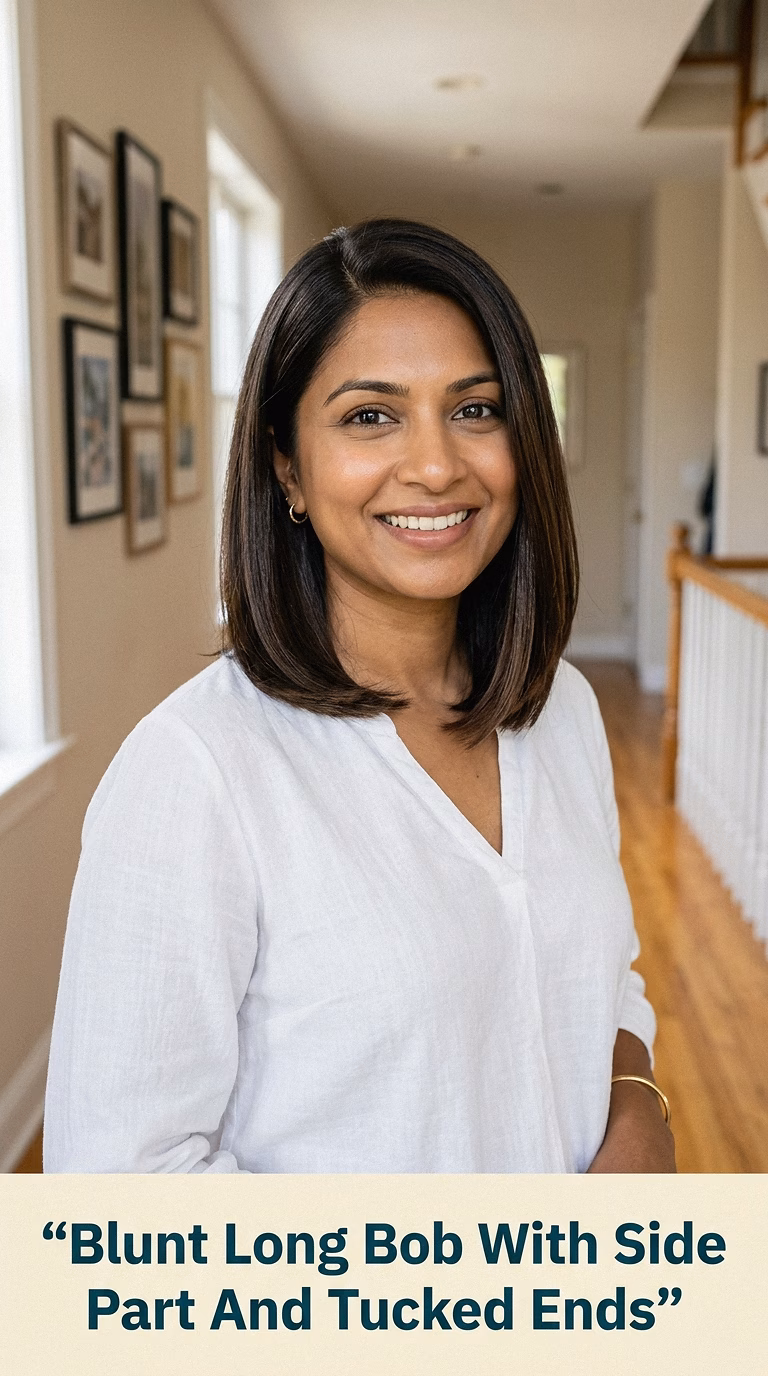 Blunt Long Bob With Side Part And Tucked Ends