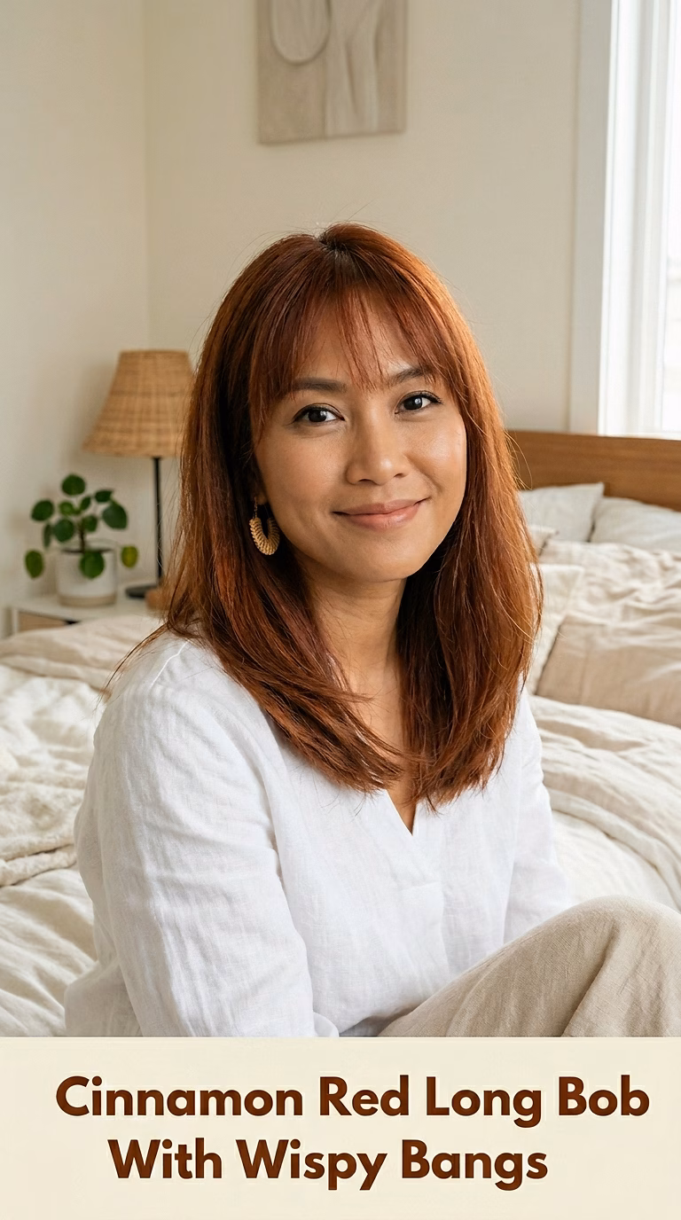 Cinnamon Red Long Bob With Wispy Bangs