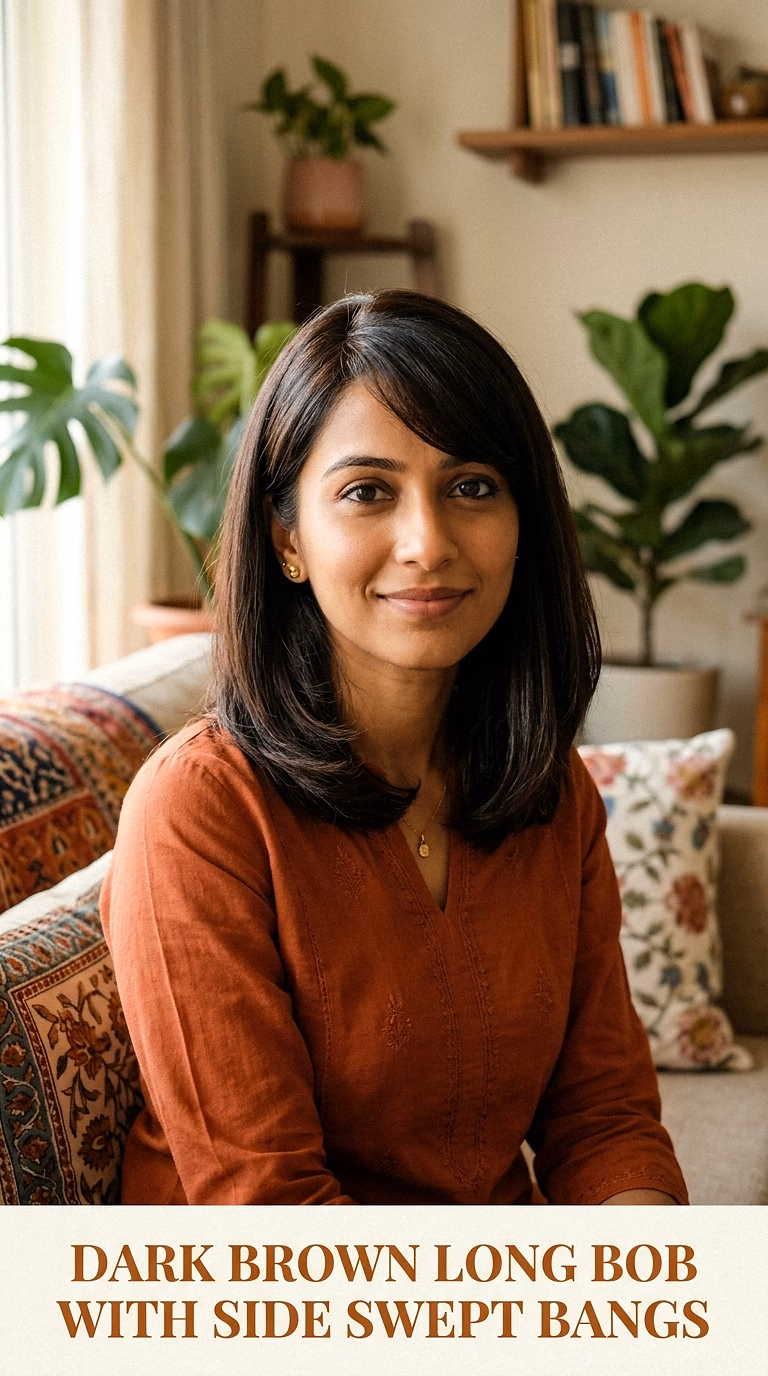 Dark Brown Long Bob With Side Swept Bangs