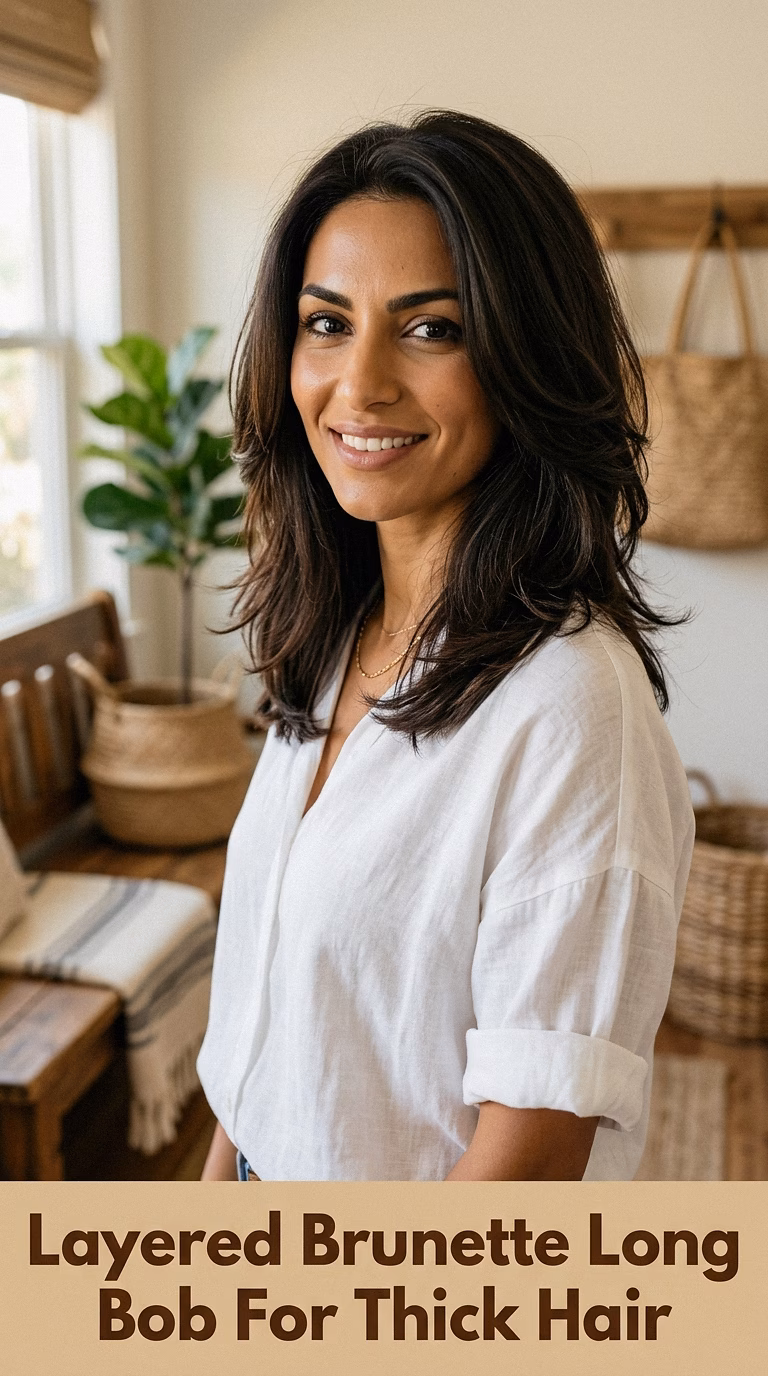 Layered Brunette Long Bob For Thick Hair