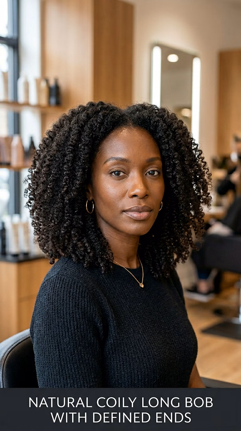 Natural Coily Long Bob With Defined Ends