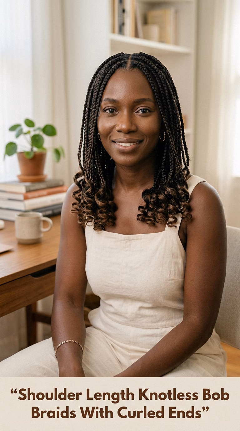 Shoulder Length Knotless Bob Braids With Curled Ends