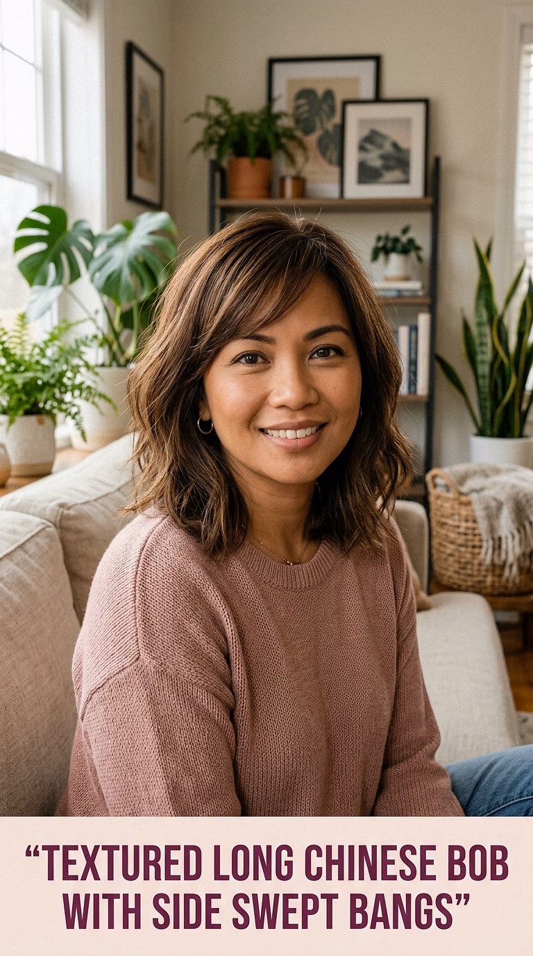 Textured Long Chinese Bob With Side Swept Bangs