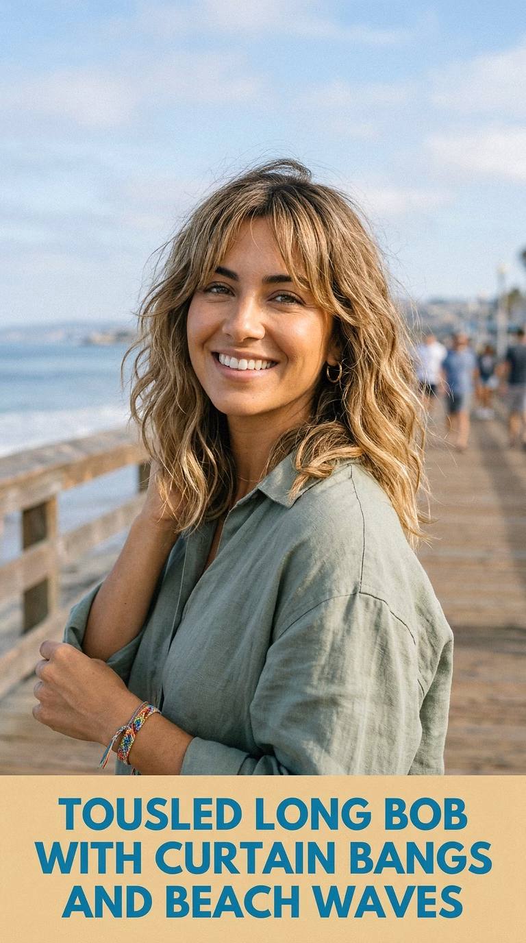 Tousled Long Bob With Curtain Bangs And Beach Waves