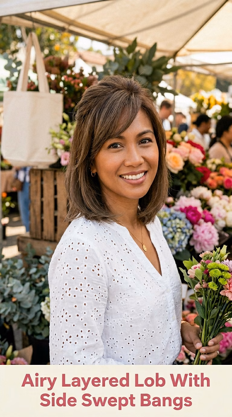 Airy Layered Lob With Side Swept Bangs