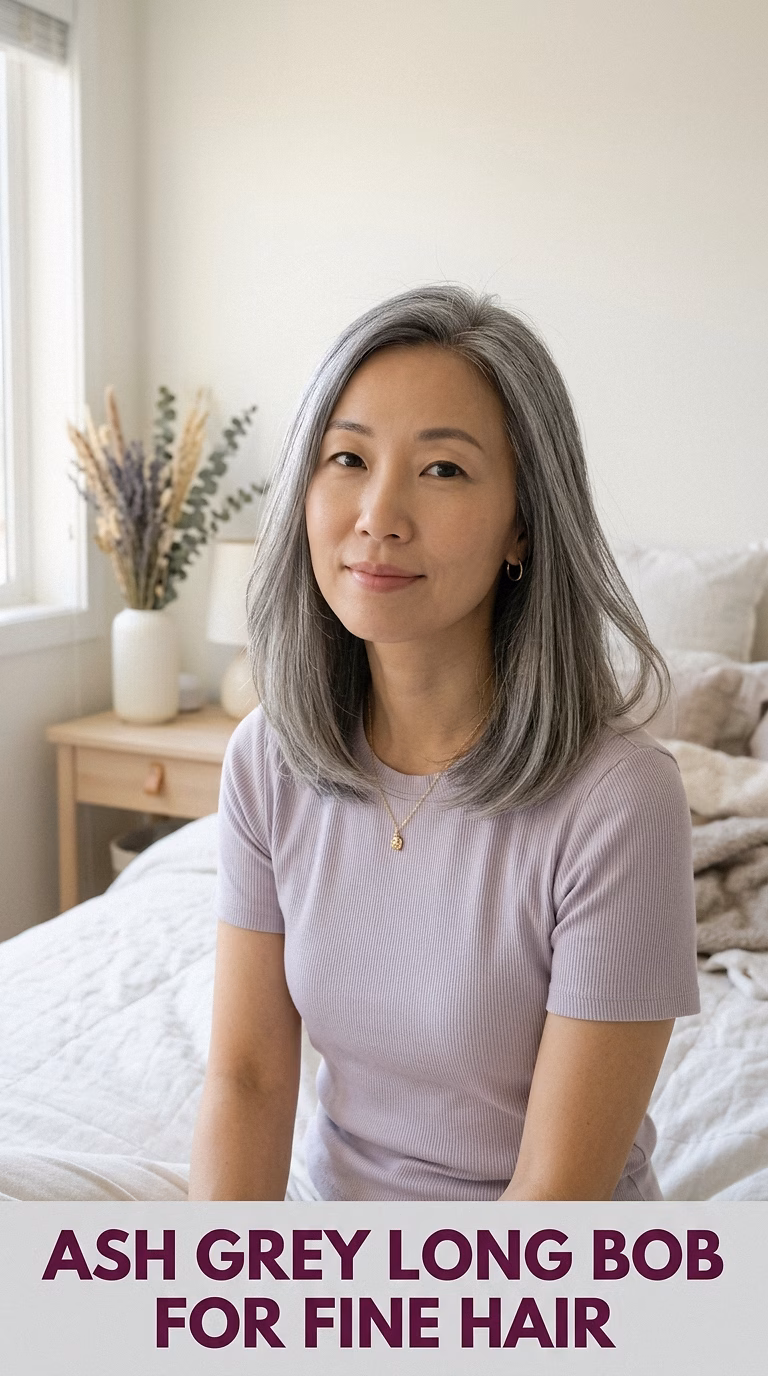Ash Grey Long Bob For Fine Hair