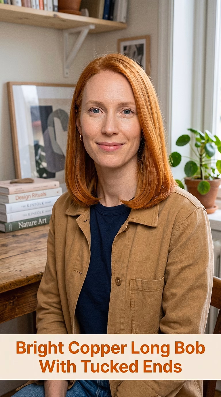 Bright Copper Long Bob With Tucked Ends