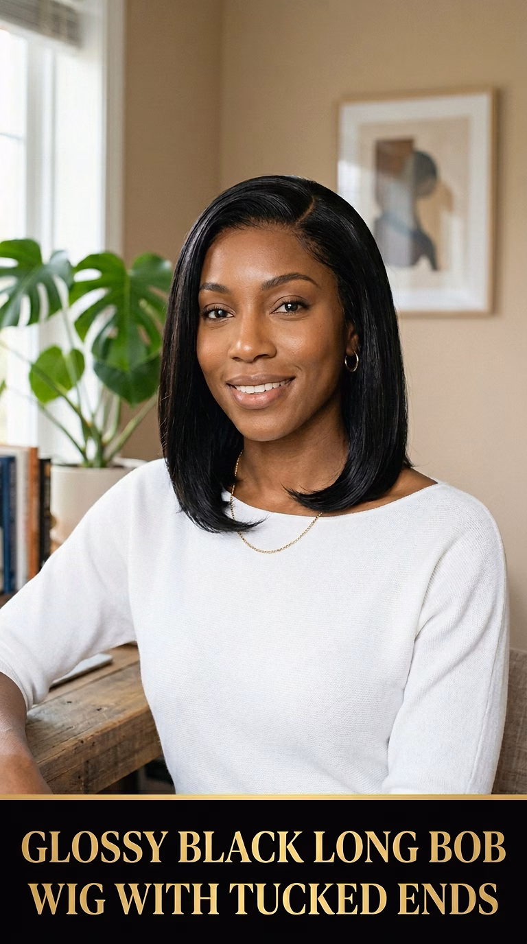 Glossy Black Long Bob Wig With Tucked Ends