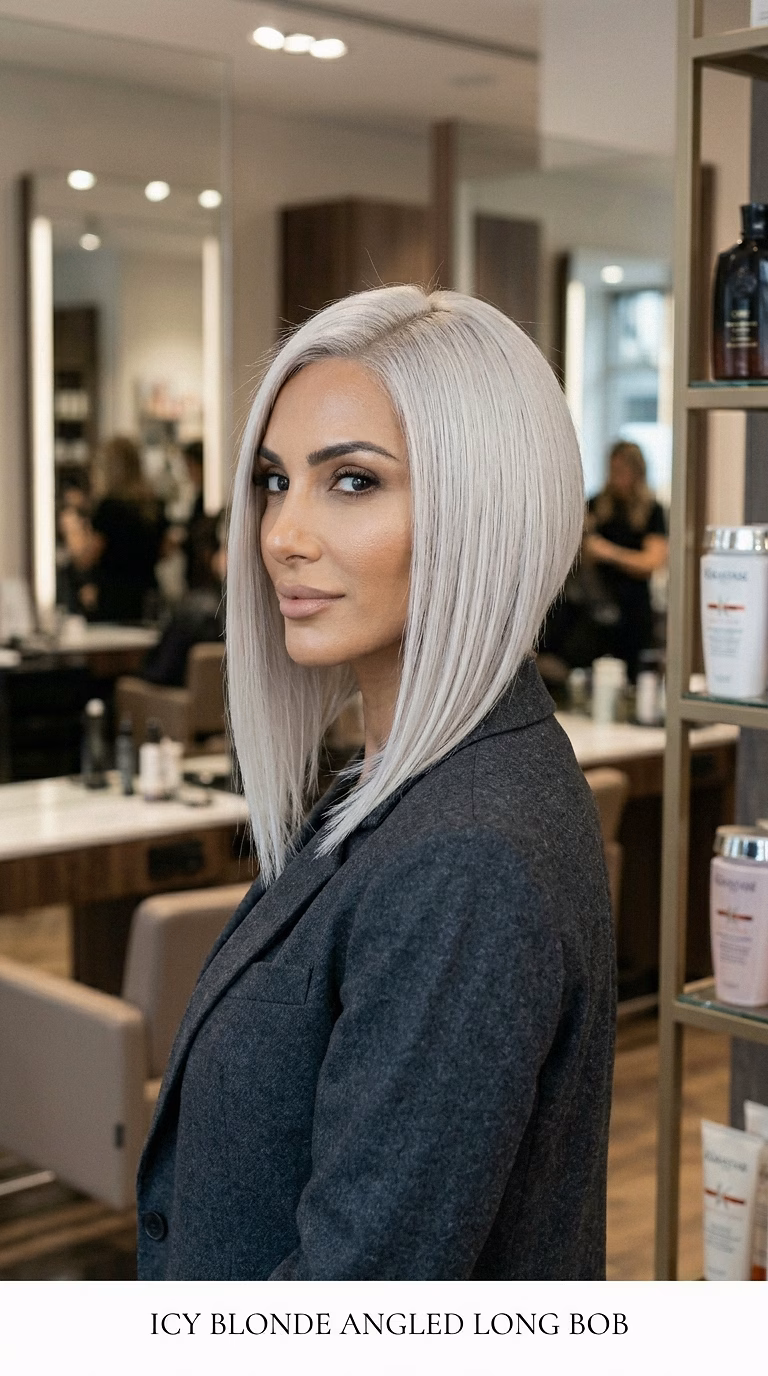 Icy Blonde Angled Long Bob
