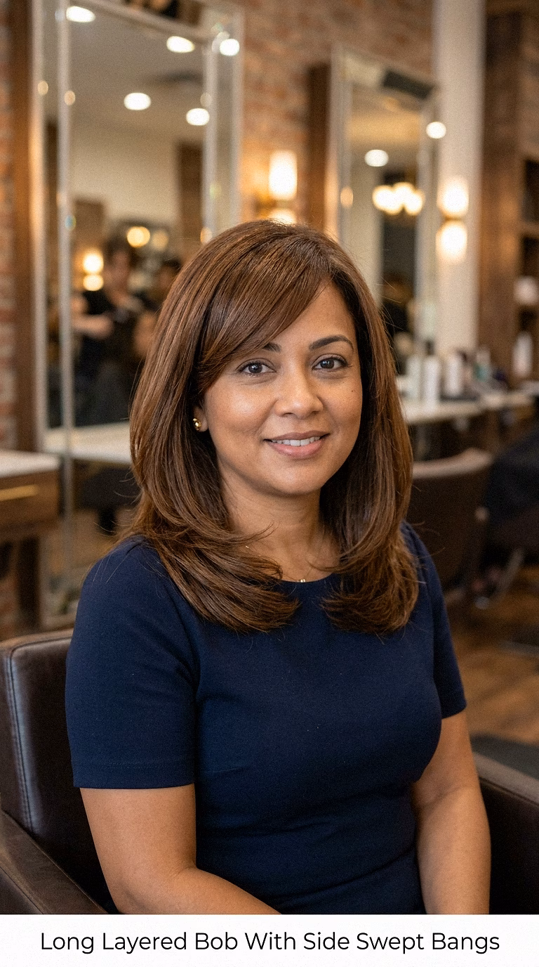 Long Layered Bob With Side Swept Bangs