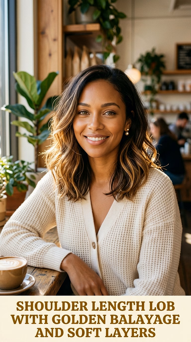 Shoulder Length Lob With Golden Balayage And Soft Layers