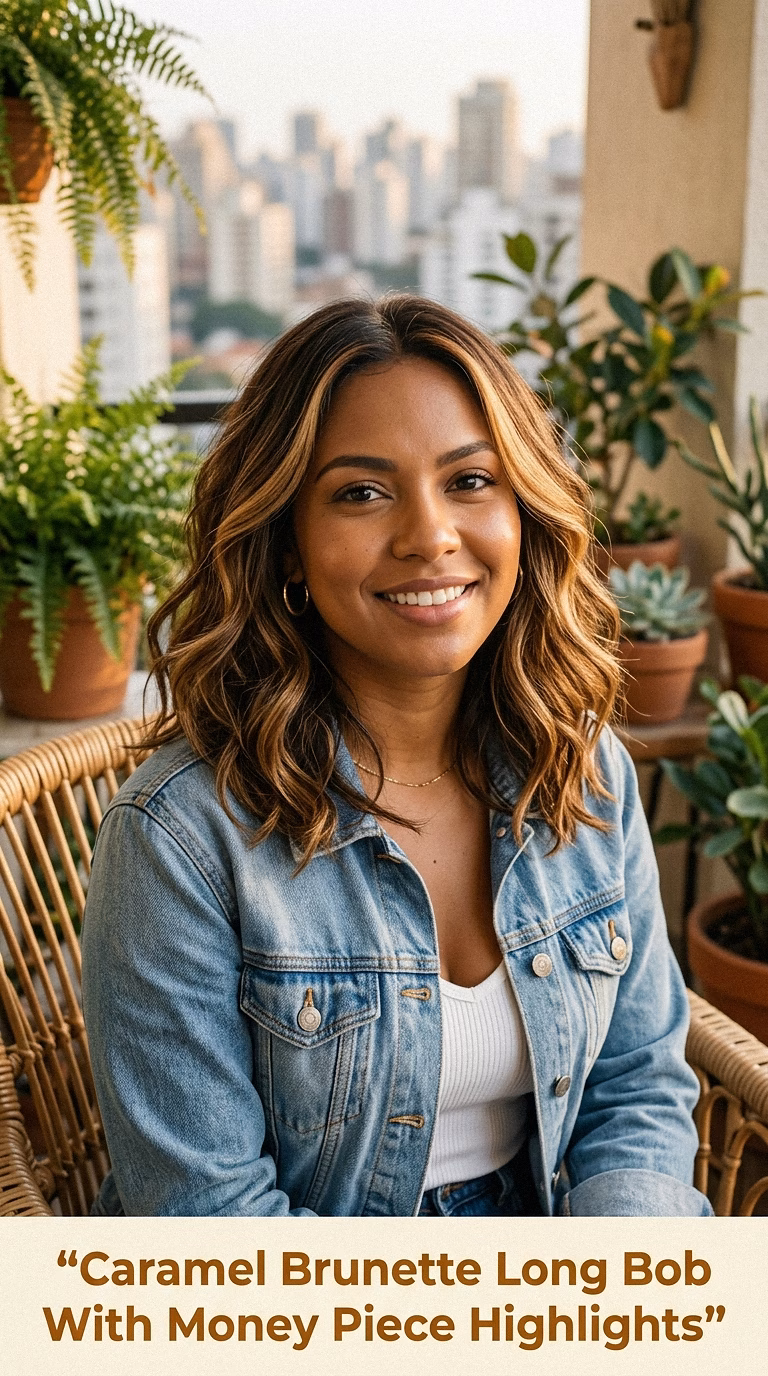 Caramel Brunette Long Bob With Money Piece Highlights