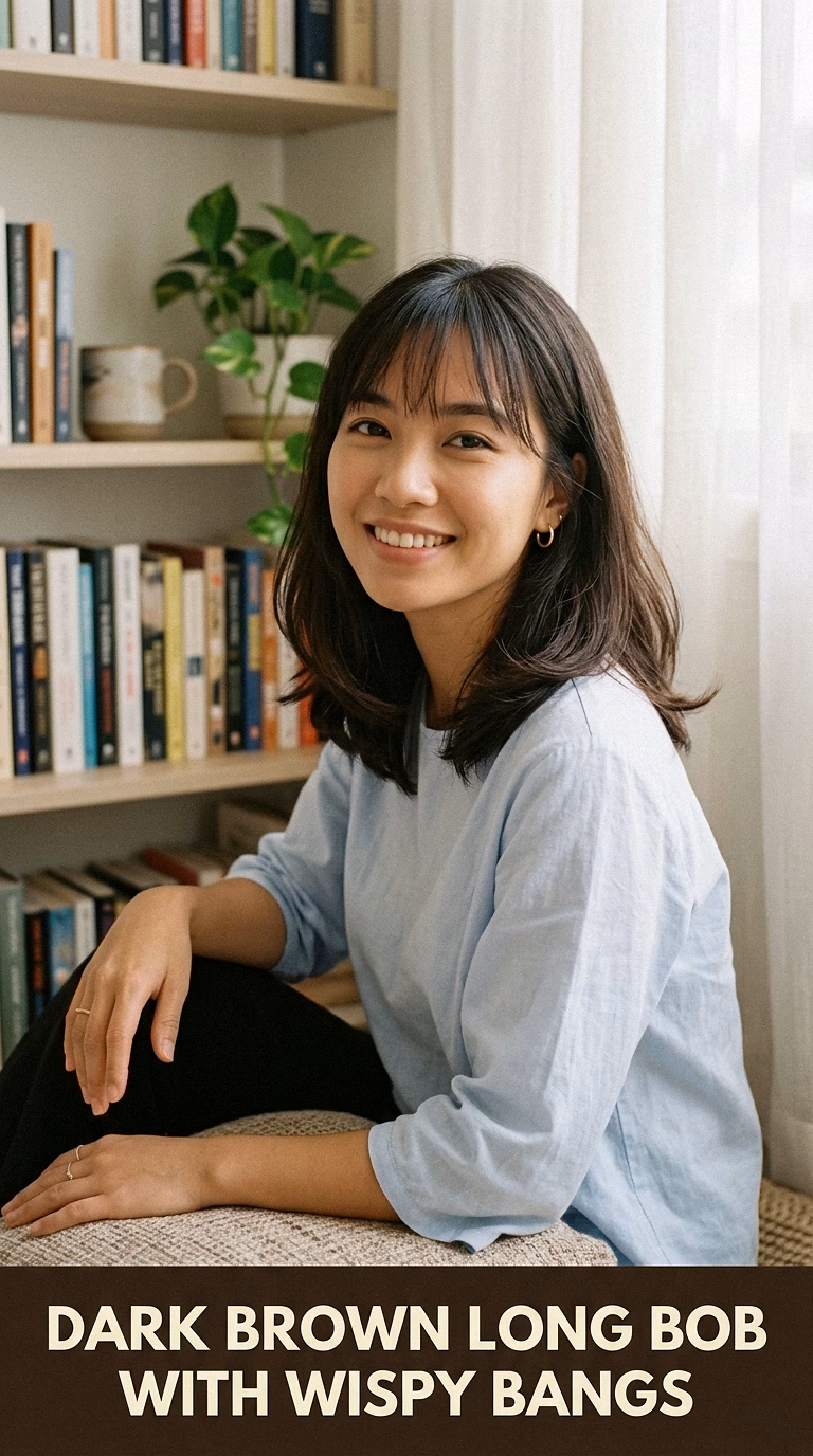 Dark Brown Long Bob With Wispy Bangs