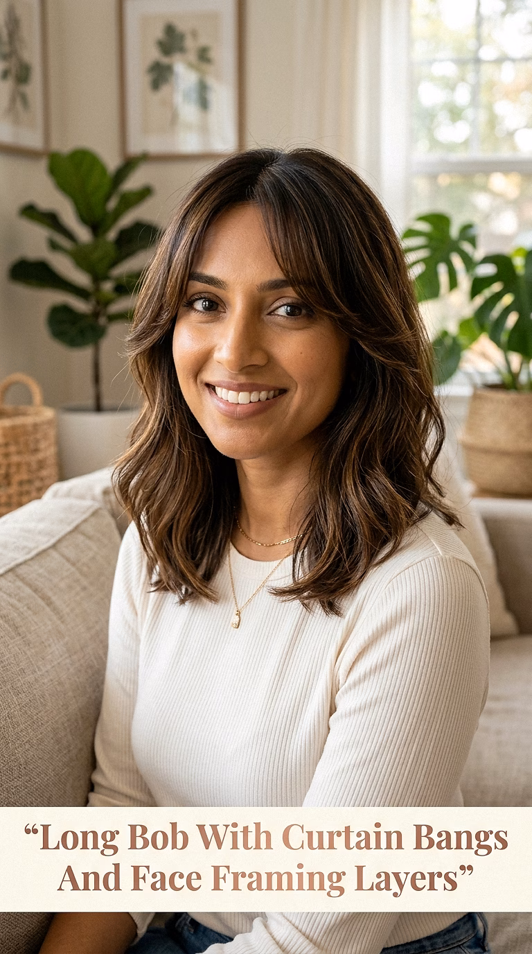 Long Bob With Curtain Bangs And Face Framing Layers