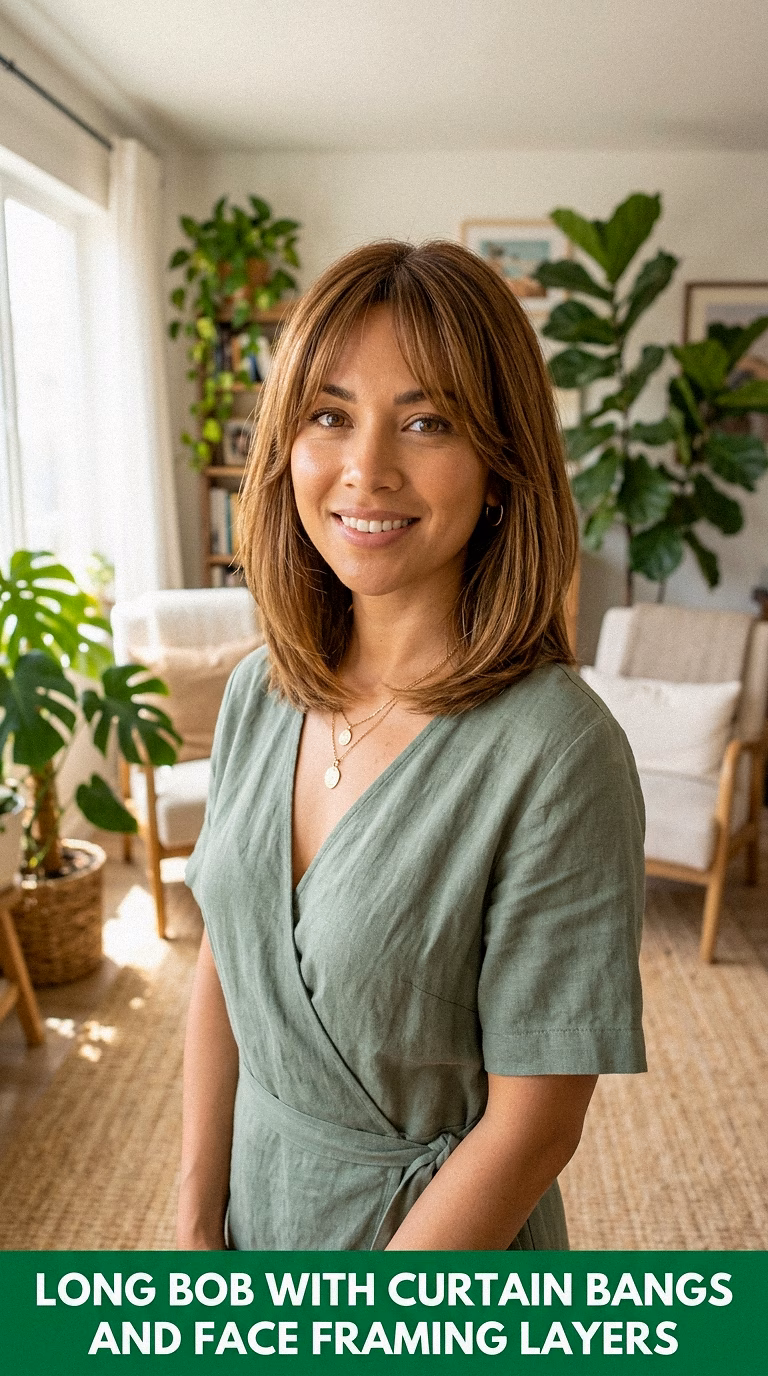 Long Bob With Curtain Bangs And Face Framing Layers