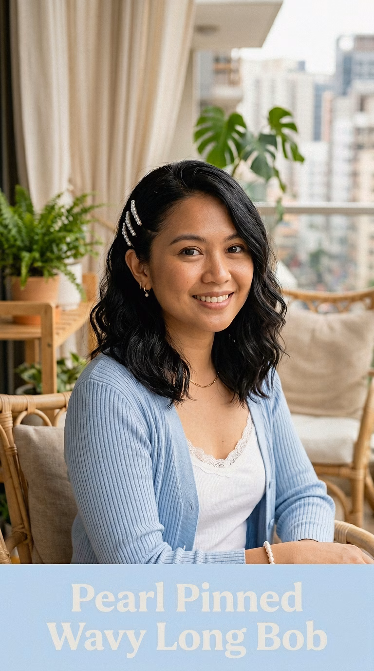 Pearl Pinned Wavy Long Bob