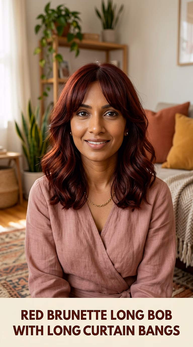 Red Brunette Long Bob With Long Curtain Bangs