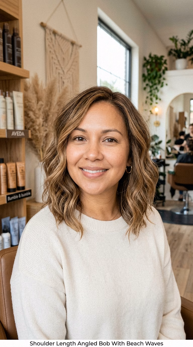 Shoulder Length Angled Bob With Beach Waves